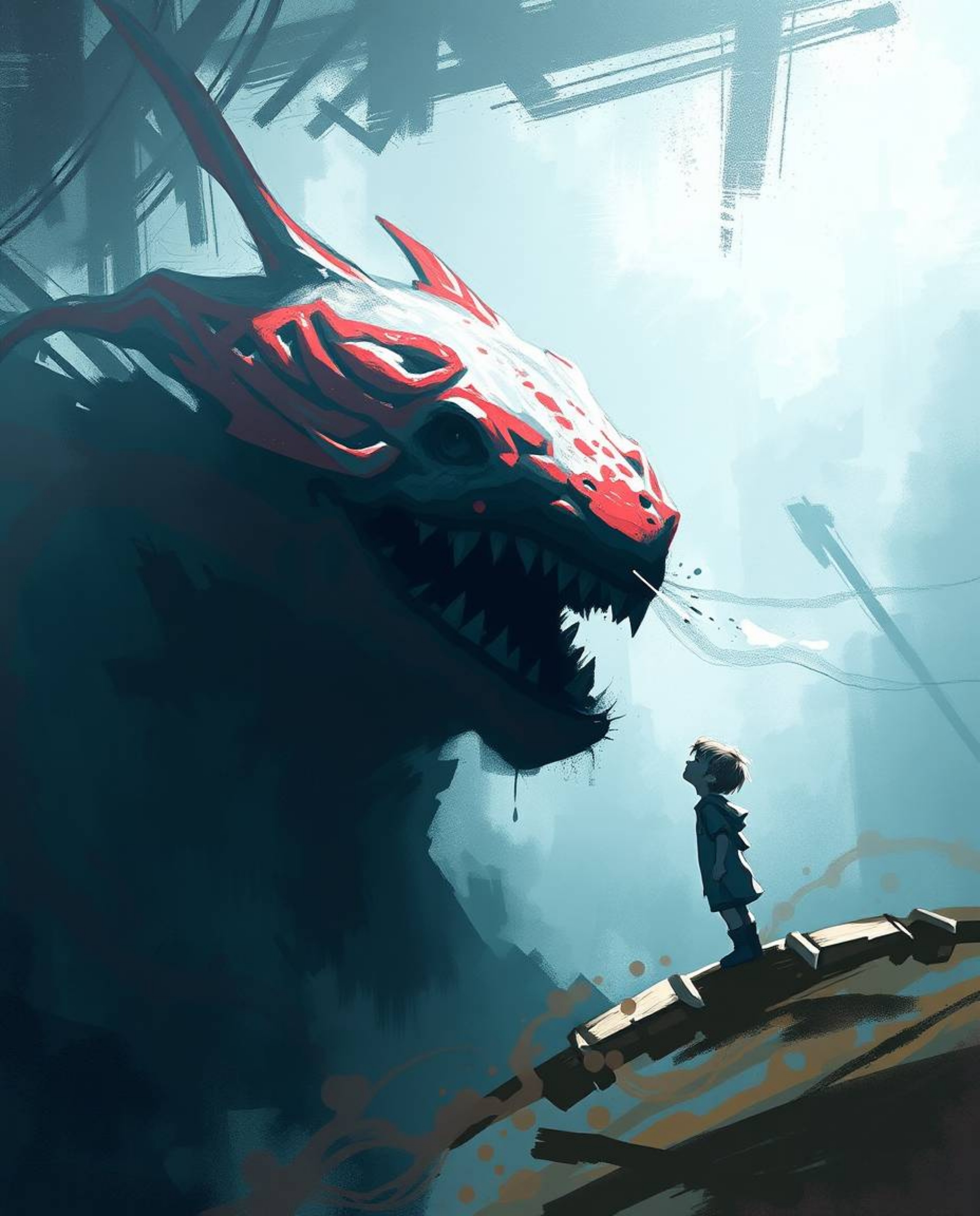 A captivating digital sketch portrays an unlikely friendship between a sea creature and a child, set against a backdrop of mi