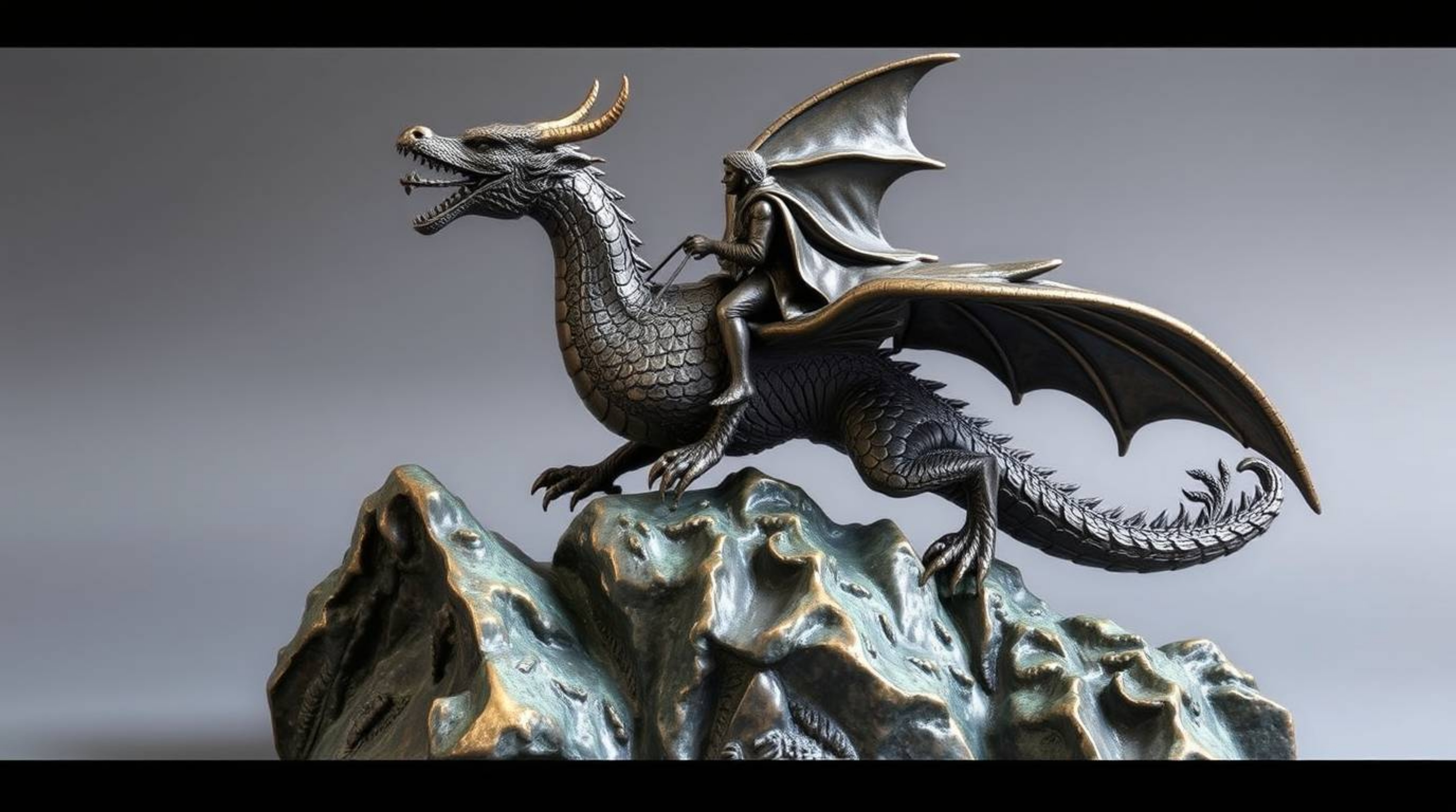 A captivating cast bronze sculpture depicts a majestic dragon and its rider soaring majestically above a breathtaking landsca