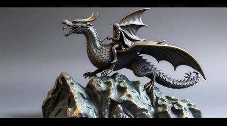 A captivating cast bronze sculpture depicts a majestic dragon and its rider soaring majestically above a breathtaking landsca