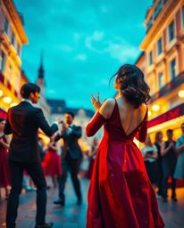 A captivating artwork depicting a musical number in a vibrant town square, rendered in the timeless style of a classic oil pa