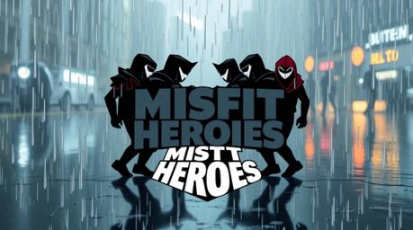 A captivating geometric logo design showcases a team of misfit heroes in a dynamic rainy scene.  The image features clean lin