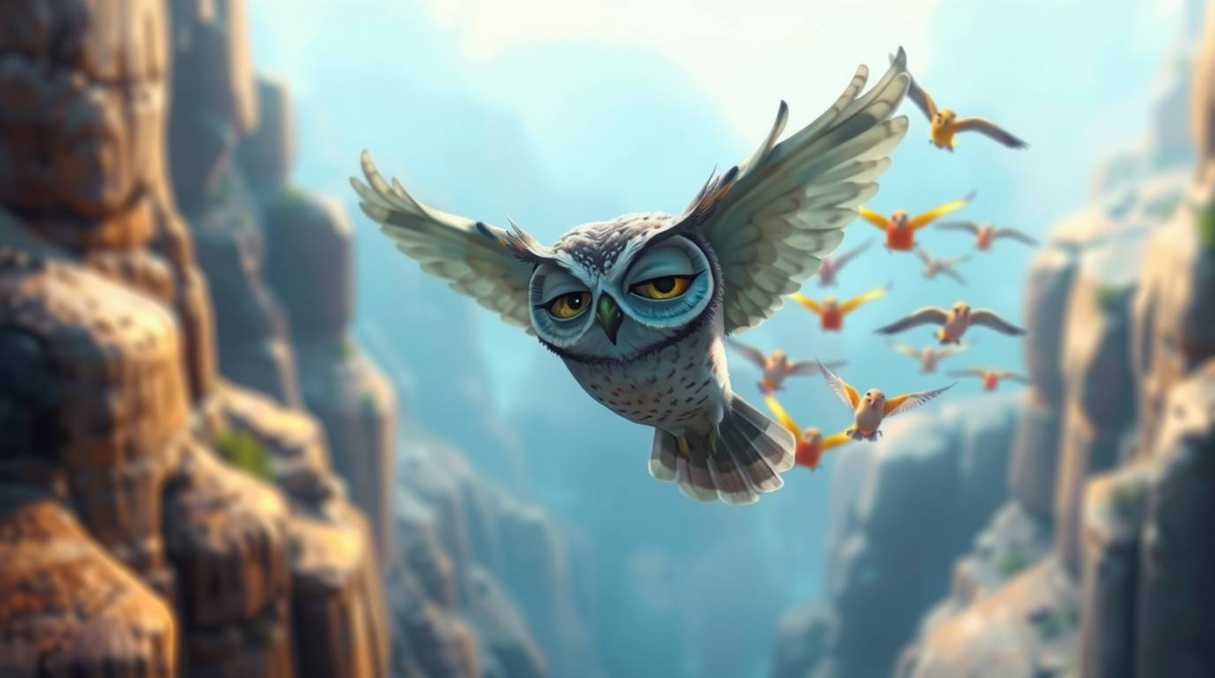 A captivating Pixar-style digital painting portrays a blind owl, its large eyes gently closed, as it leads a flock of brightl