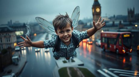A captivating image of a young boy soaring above a rain-soaked London, with magical pixie dust swirling around him.  The scen