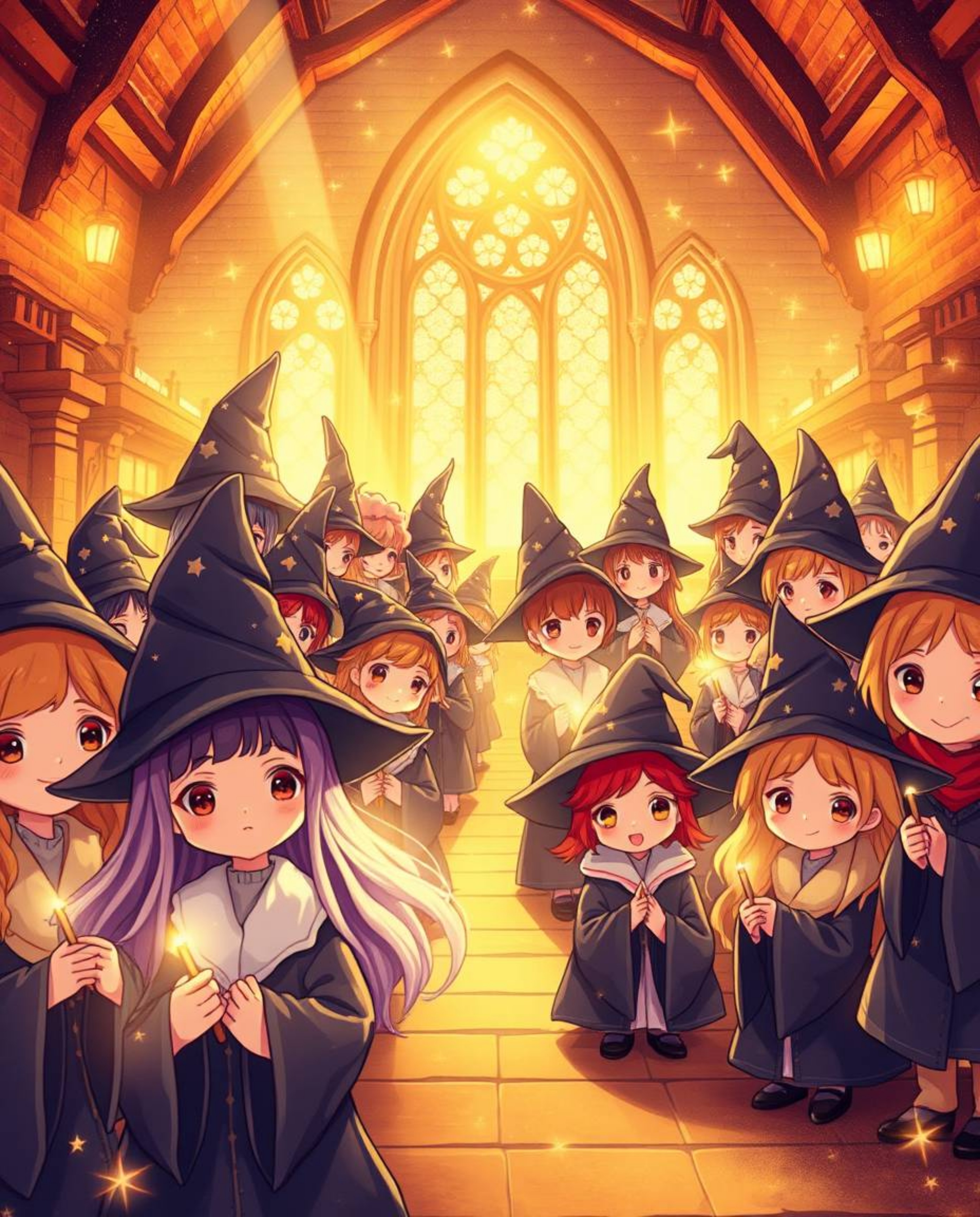 Immerse yourself in an adorable and cute illustration of a magical school brimming with young wizards. Bathed in a warm, gold