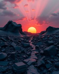 A captivating image of a sunrise over a war-torn landscape, sculpted from rich burgundy and deep blue clay. The artwork showc