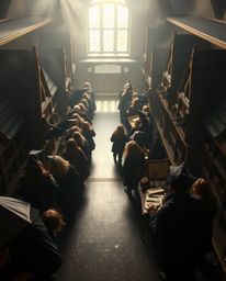 Experience the wonder of a magical school brimming with young wizards, captured from a captivating high-angle perspective. Th