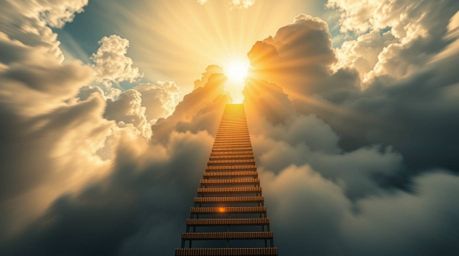 A breathtaking long exposure photograph captures a golden staircase ascending through billowing clouds towards a radiant heav