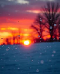 A powerful cinematic style image captures snowflakes falling during a vibrant sunset. This visually striking scene is charact