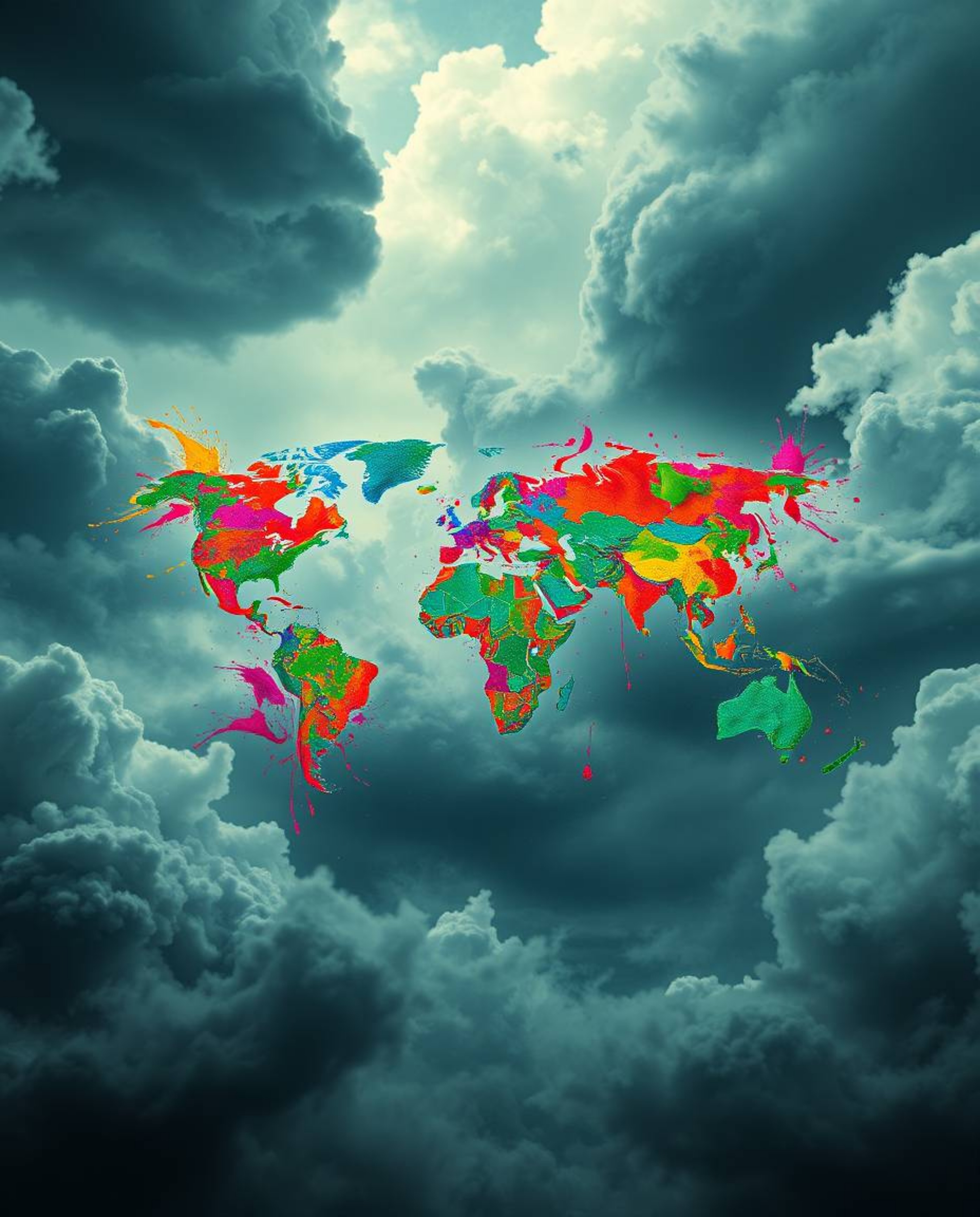 A dreamlike and surreal image captures a world map constructed from vibrant, colorful splashes, set against a backdrop of int