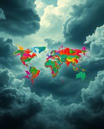 A dreamlike and surreal image captures a world map constructed from vibrant, colorful splashes, set against a backdrop of int