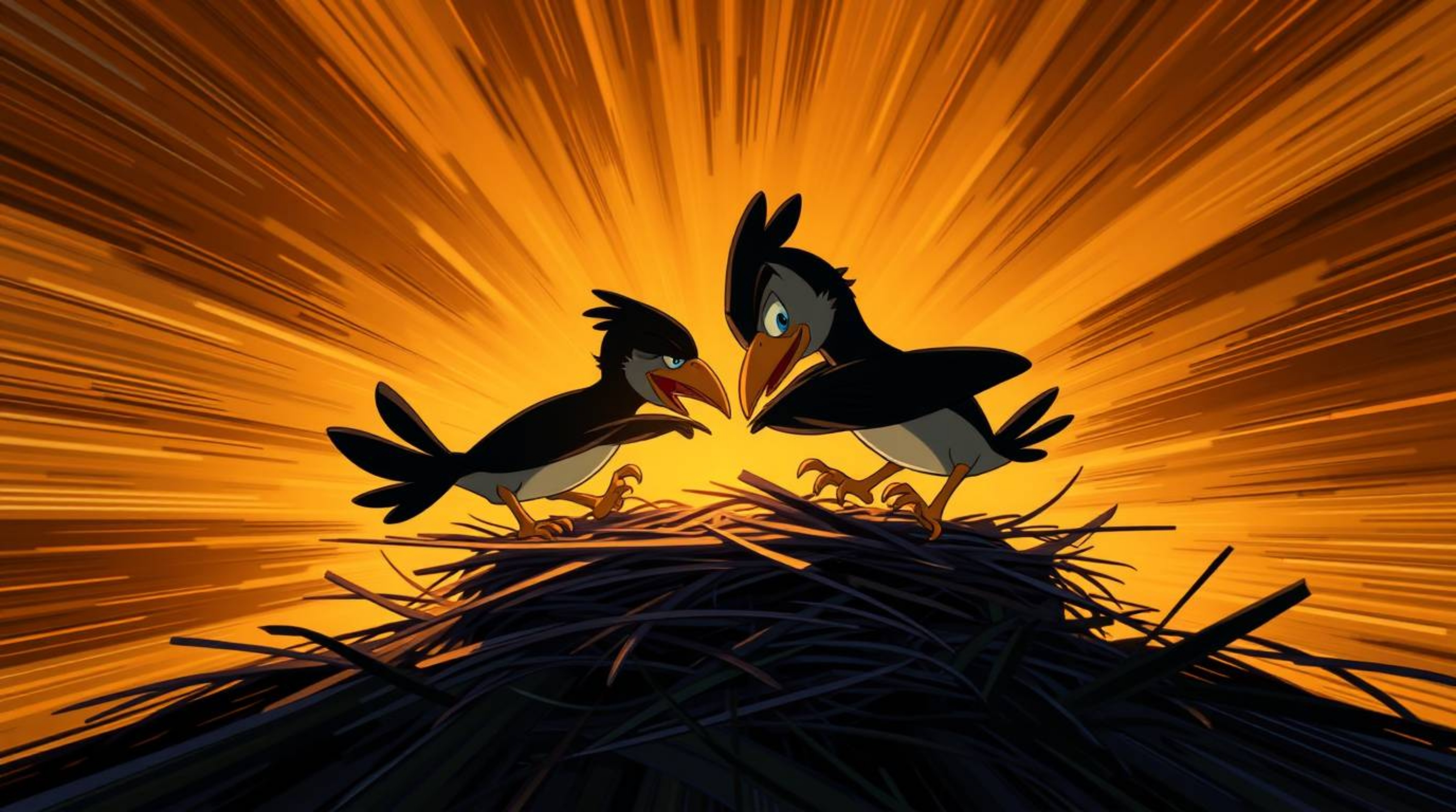 This image showcases a dynamic, high-contrast classic animation style depicting two cartoon birds diligently building a nest.