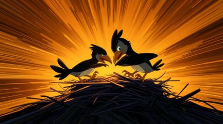 This image showcases a dynamic, high-contrast classic animation style depicting two cartoon birds diligently building a nest.
