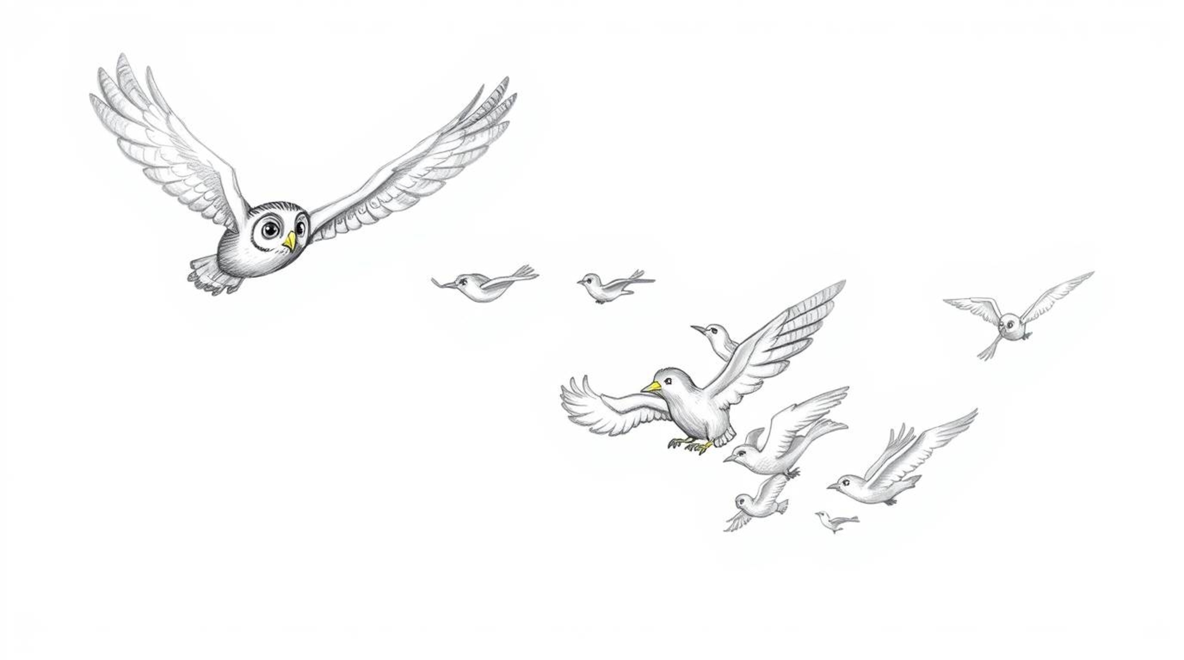 A heartwarming hand-drawn sketch in the style of Pixar animation depicts a gentle blind owl guiding a flock of diverse birds 