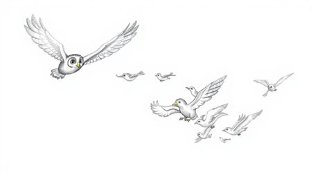 A heartwarming hand-drawn sketch in the style of Pixar animation depicts a gentle blind owl guiding a flock of diverse birds 
