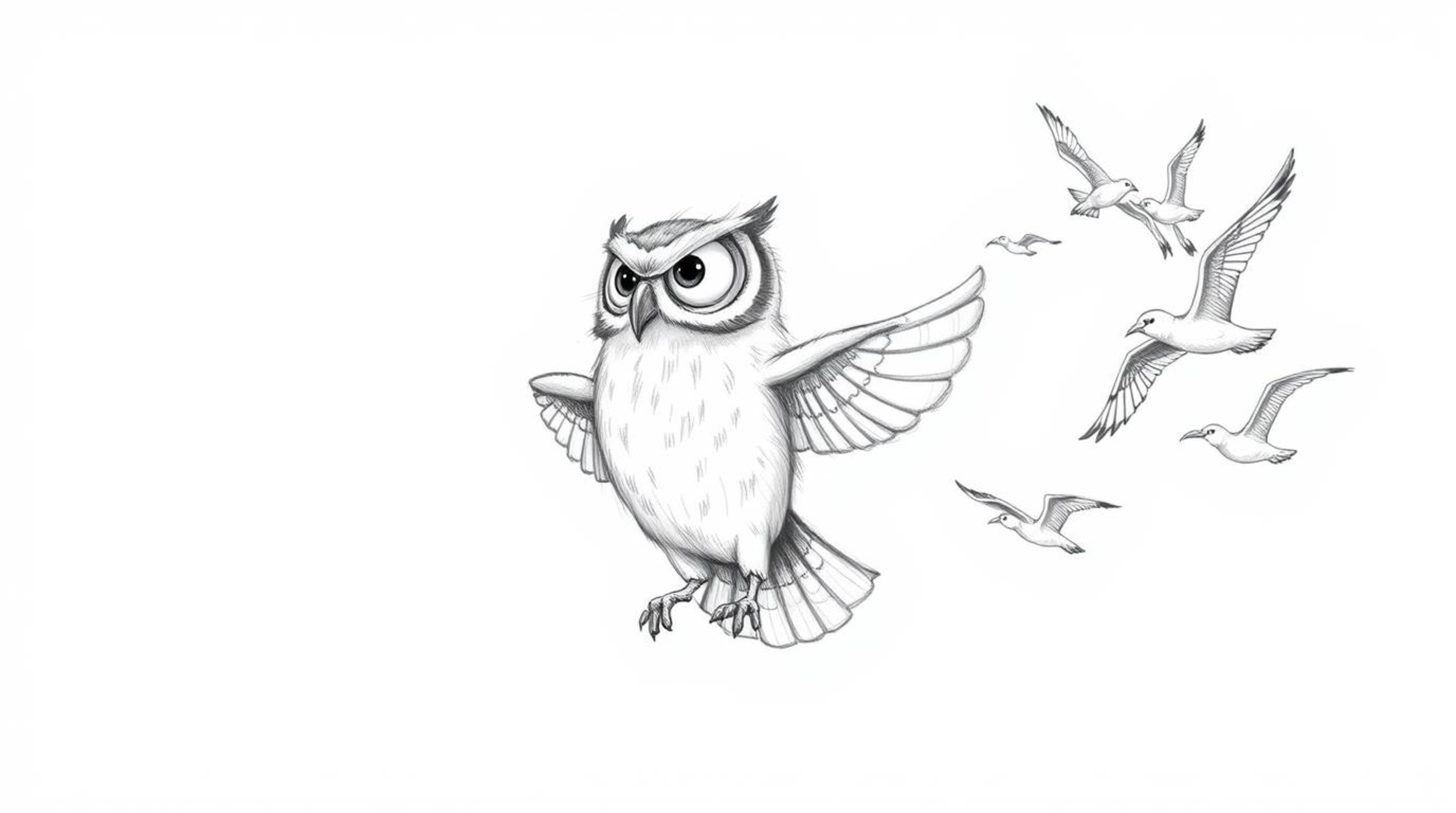 A charming hand-drawn sketch in the style of Pixar depicts a blind owl with soft feathers guiding a flock of birds in flight.