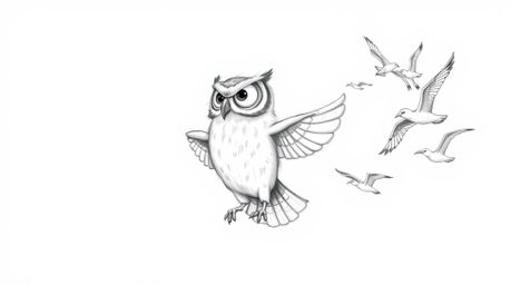 A charming hand-drawn sketch in the style of Pixar depicts a blind owl with soft feathers guiding a flock of birds in flight.