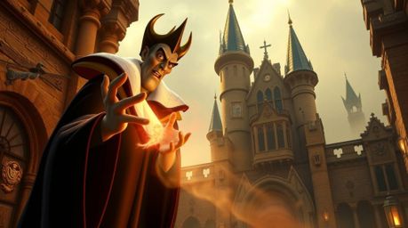 A classic Disney villain, radiating regal bearing, casts a spell within the warm golden glow of an old castle.  The scene evo