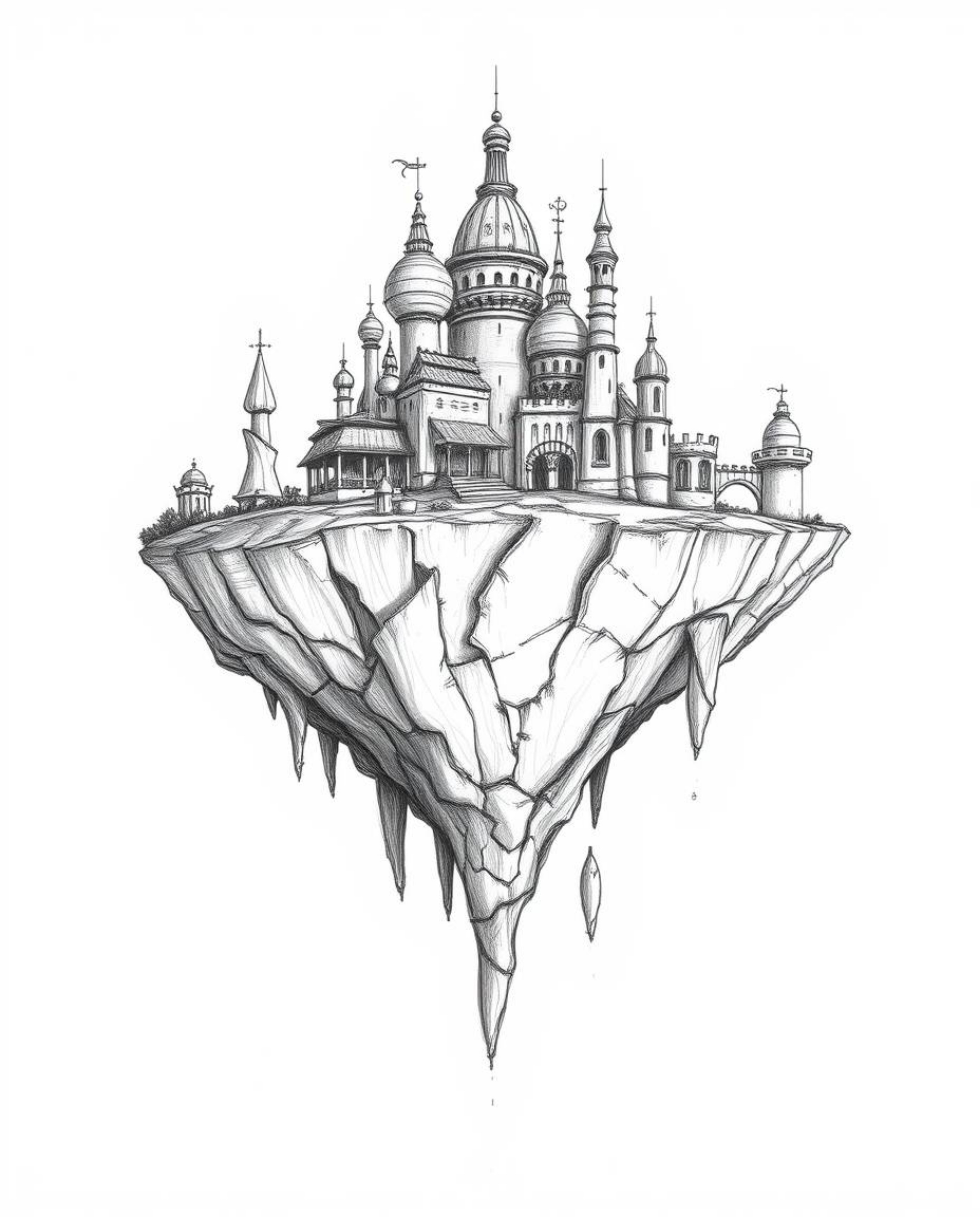 A captivating surreal floating island, meticulously hand-drawn with unique architecture, is bathed in strong, hard light that