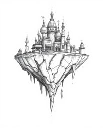 A captivating surreal floating island, meticulously hand-drawn with unique architecture, is bathed in strong, hard light that