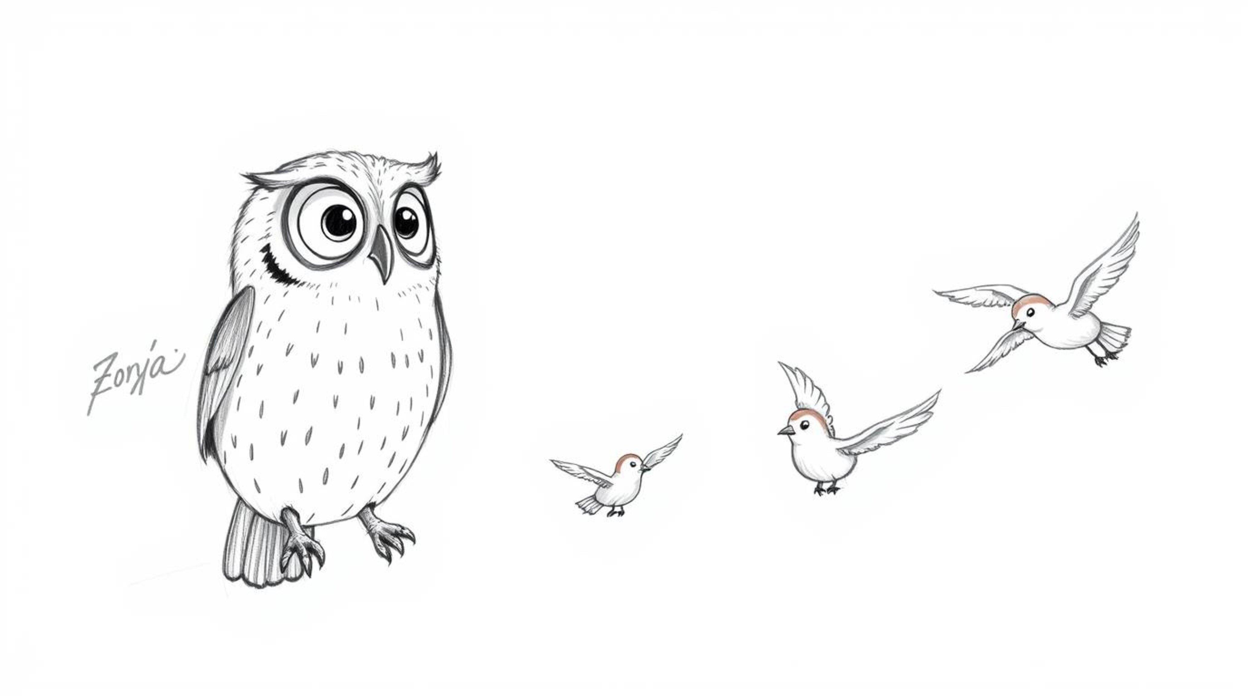 A hand-drawn, Pixar-esque sketch depicts a blind owl calmly and patiently guiding young birds in flight.  Set against a clean