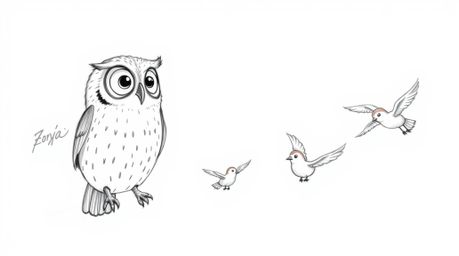 A hand-drawn, Pixar-esque sketch depicts a blind owl calmly and patiently guiding young birds in flight.  Set against a clean