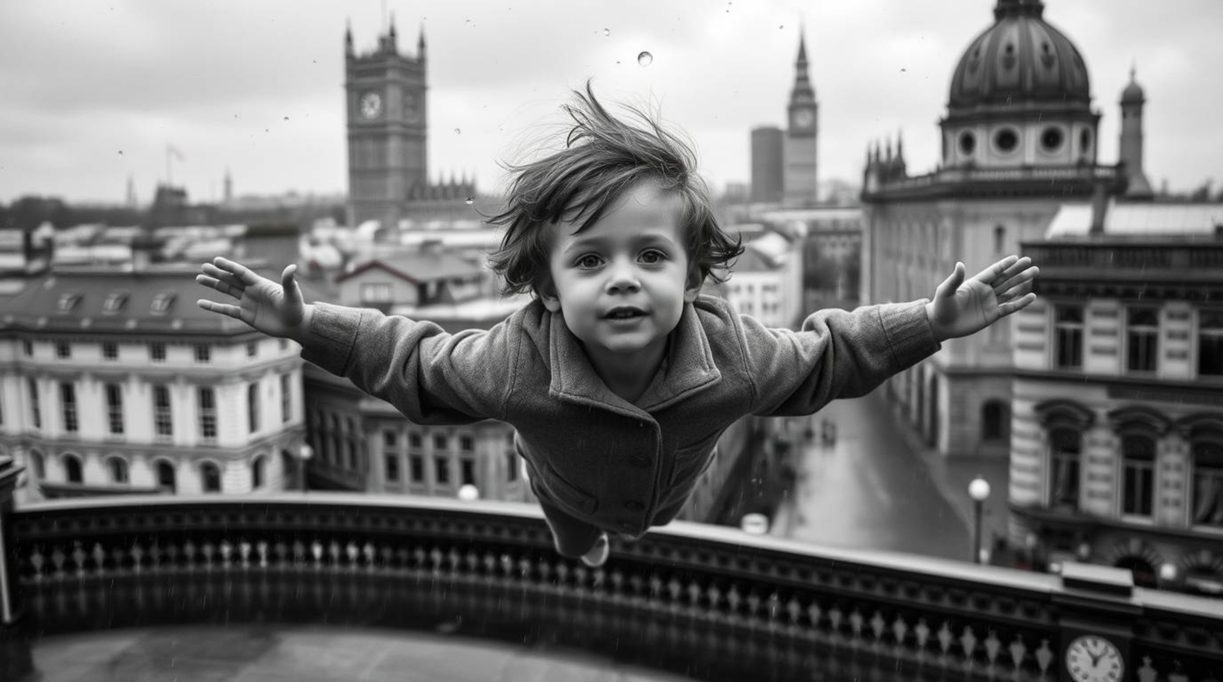 A captivating black and white photograph depicts a young boy with fair skin and tousled brown hair soaring above a rain-slick