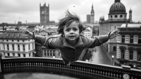 A captivating black and white photograph depicts a young boy with fair skin and tousled brown hair soaring above a rain-slick