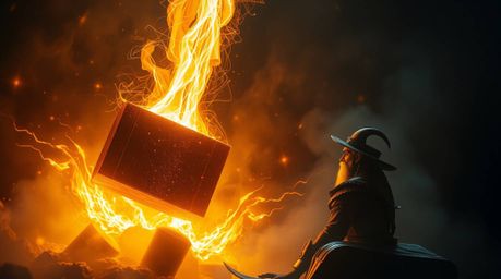 This creative light art piece depicts a captivating scene: an anvil poised to fall upon a trickster character, all bathed in 
