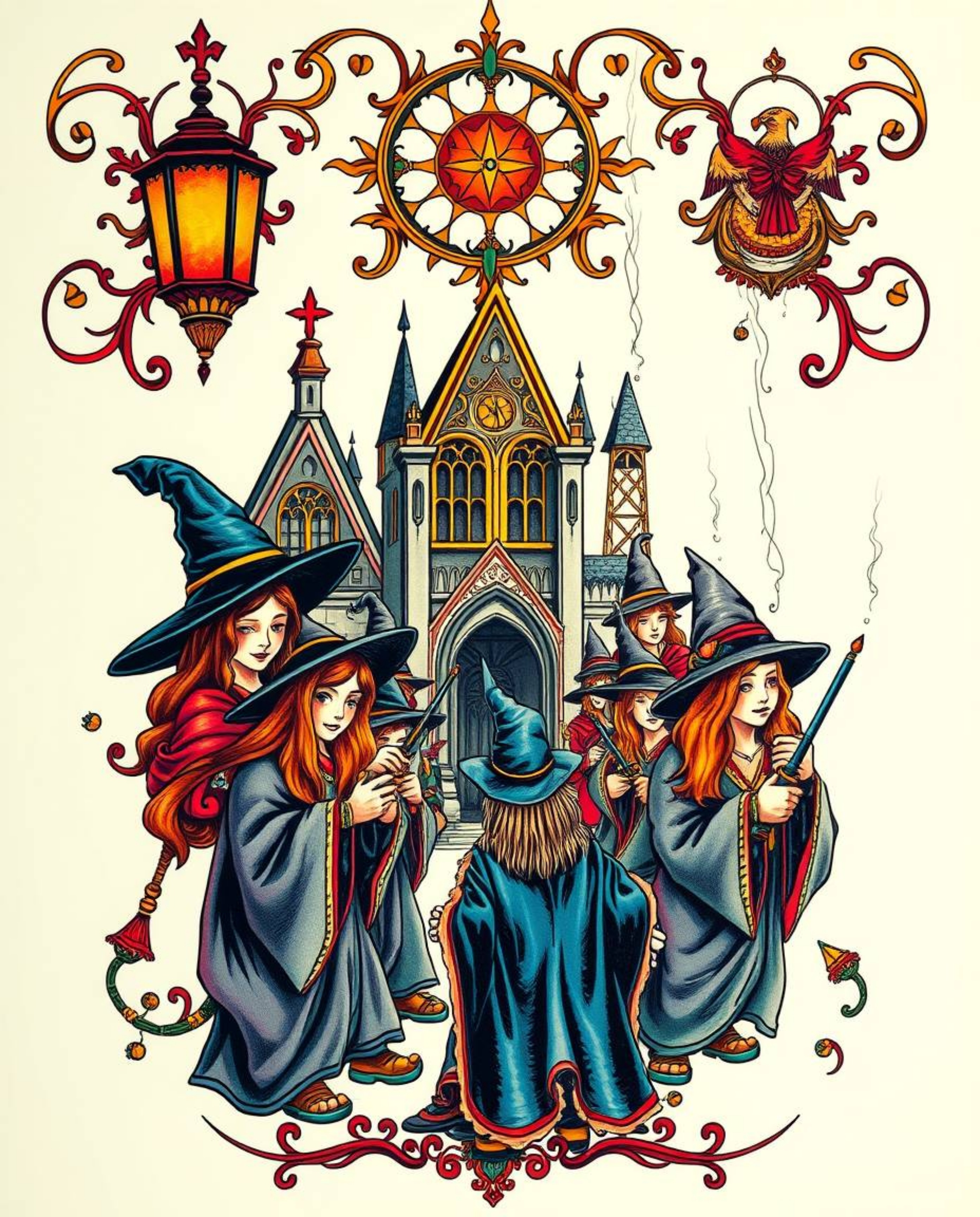 This captivating art print showcases a symbolic, traditional tattoo design depicting a magical school brimming with young wiz