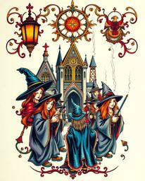 This captivating art print showcases a symbolic, traditional tattoo design depicting a magical school brimming with young wiz