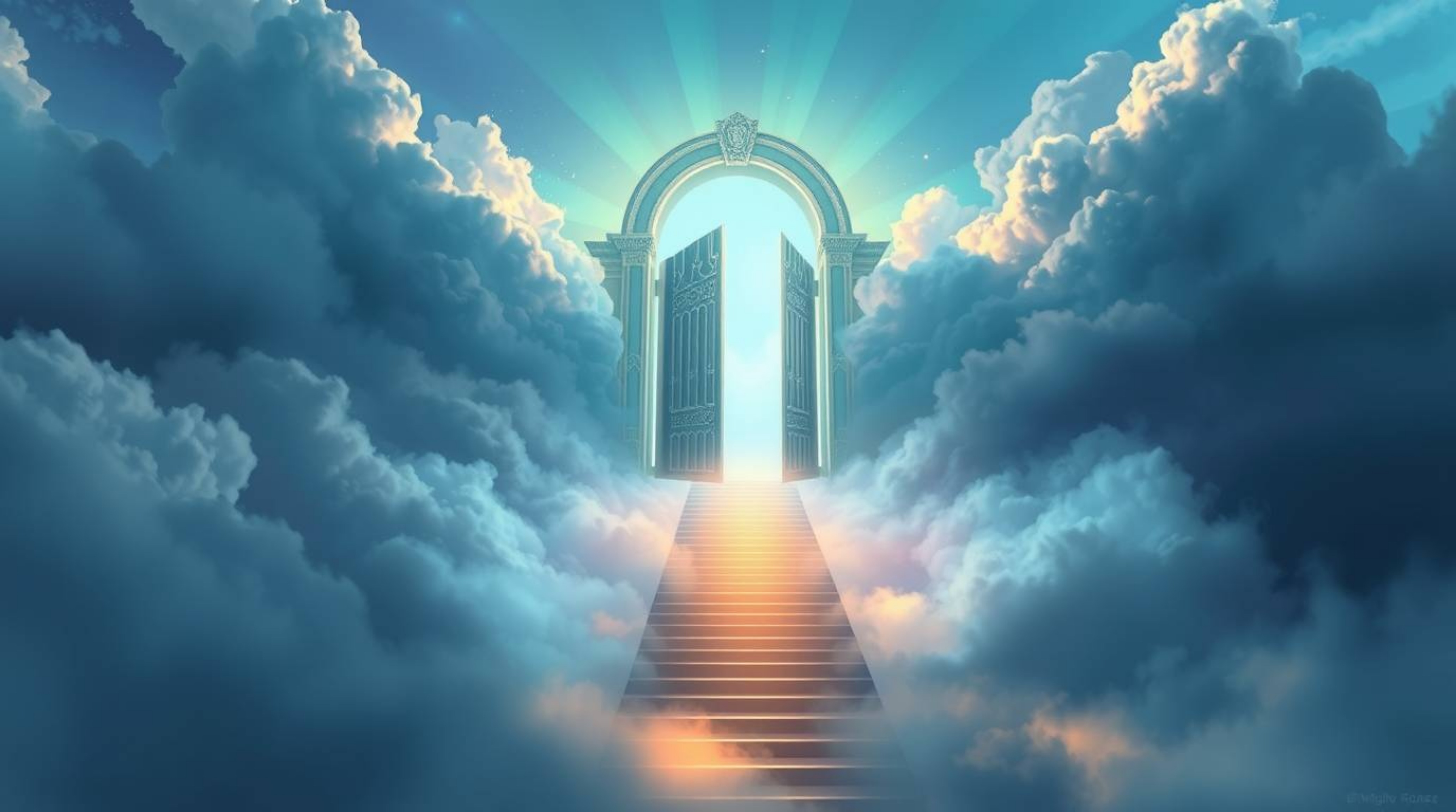 A stunning digital painting featuring a heavenly gate floating above the clouds, bathed in cool blues, greens, and purples. V
