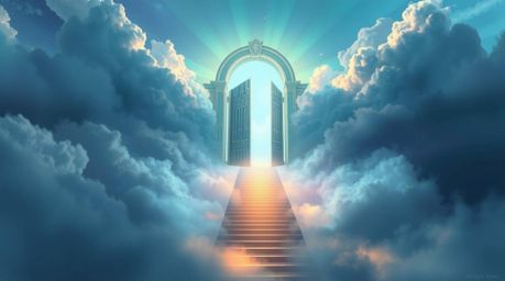 A stunning digital painting featuring a heavenly gate floating above the clouds, bathed in cool blues, greens, and purples. V