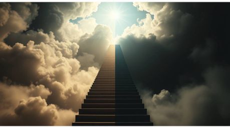 Explore a high-contrast, low-key image featuring a surreal stairway gracefully ascending through smoky clouds toward a celest