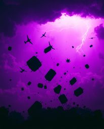 A captivating image depicts a surreal storm with flying objects and broken gravity, silhouetted against a deep ultraviolet hu