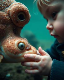 An extreme macro close-up long exposure photograph capturing the unlikely friendship between a sea creature and a human child