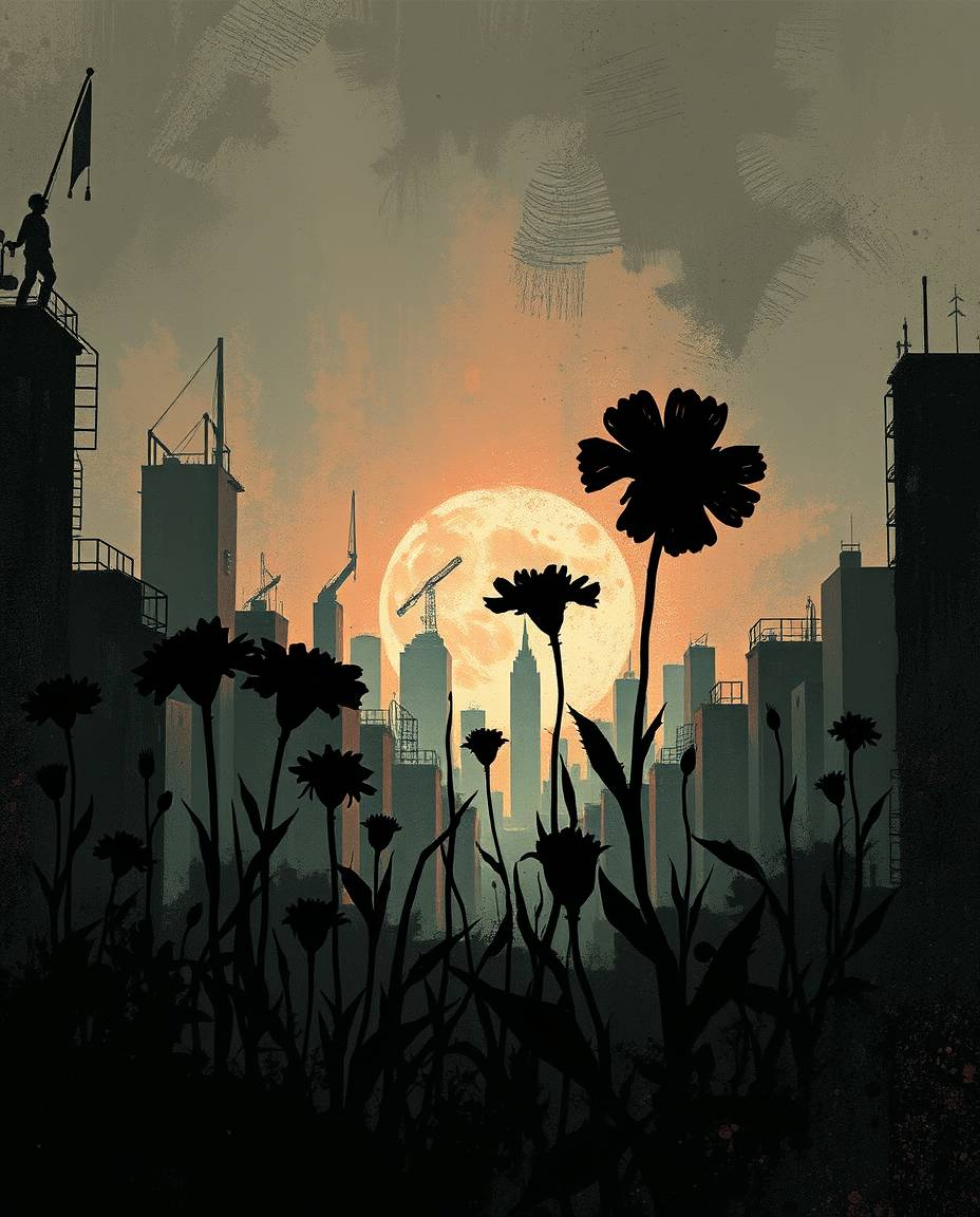 Discover stunning digital art depicting silhouetted flowers blooming amidst the ruins of a post-apocalyptic city.  Rich textu