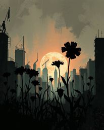 Discover stunning digital art depicting silhouetted flowers blooming amidst the ruins of a post-apocalyptic city.  Rich textu