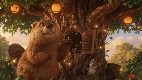 A highly detailed, high-resolution stock photo, reminiscent of Pixar's signature style, captures a cheerful beaver with shiny