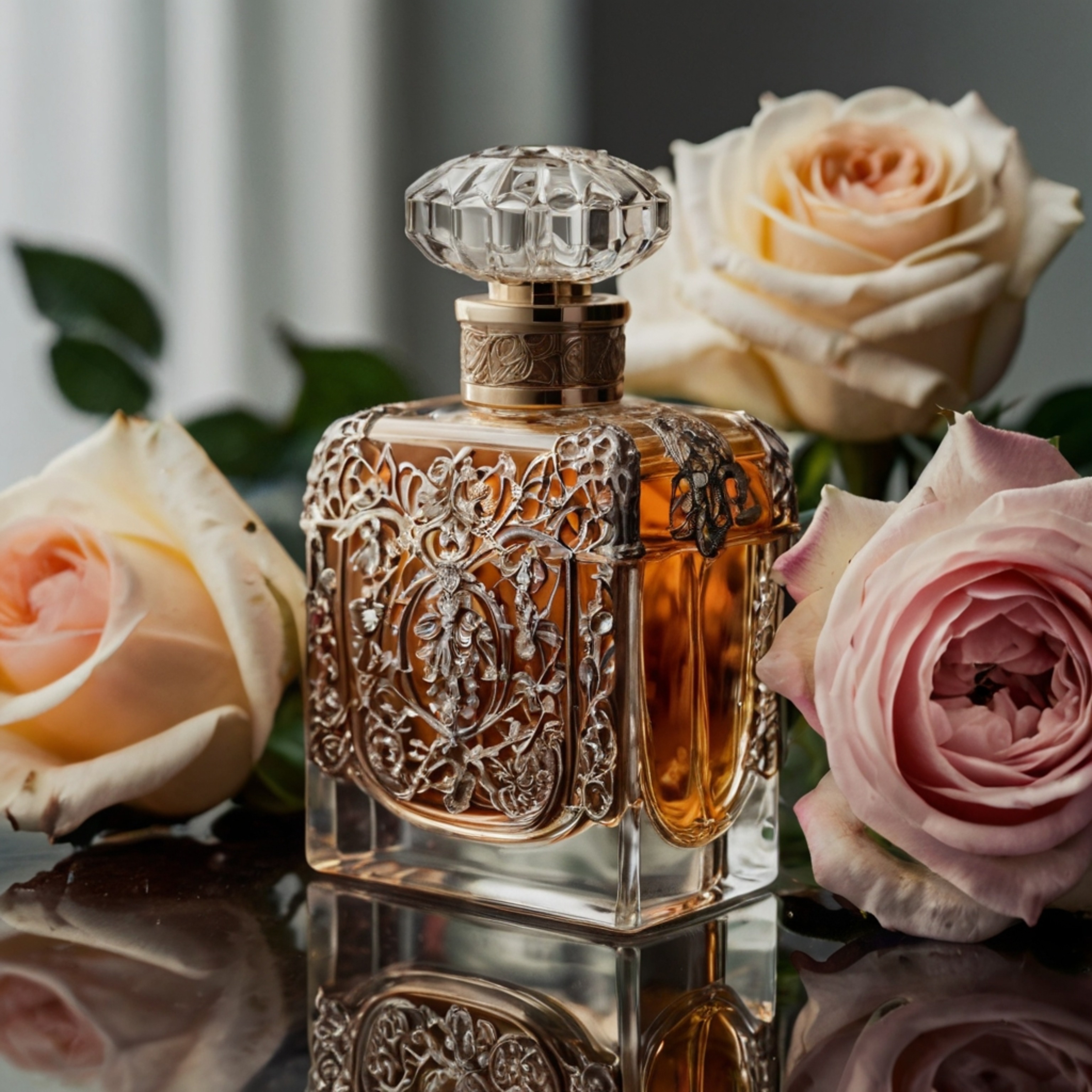 Capture the elegance of a bygone era with this image showcasing a vintage perfume bottle. Its intricate designs are beautiful
