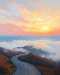 Experience an ethereal sunset sky casting a soft, dreamlike atmosphere over a winding coastal highway. This mystical and ench