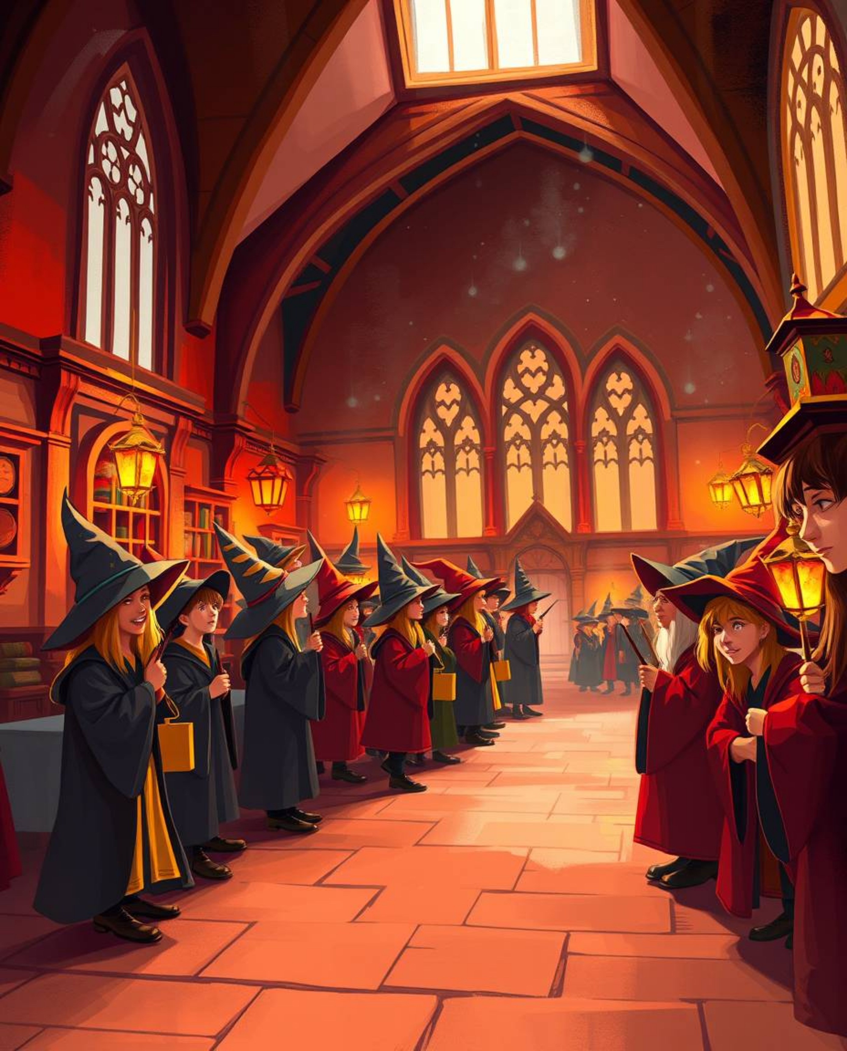 Discover a captivating digital painting depicting a magical school brimming with young wizards.  Rendered in inviting warm to