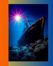 This captivating image showcases a shipwreck illuminated deep underwater, boasting vibrant colors and geometric shapes with c
