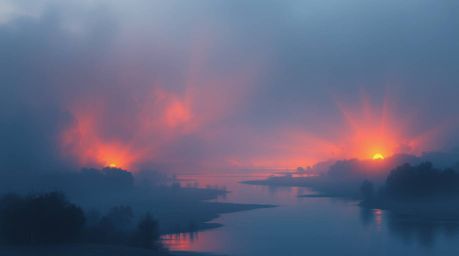 A captivating digital painting depicts a river delta bathed in the ethereal glow of twilight. Volumetric lighting creates a d