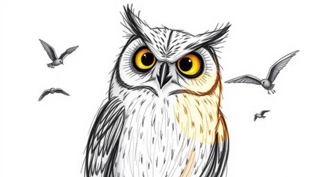 A hand-drawn sketch reminiscent of Pixar animation, portraying a blind owl with textured pencil strokes and rough lines, in t