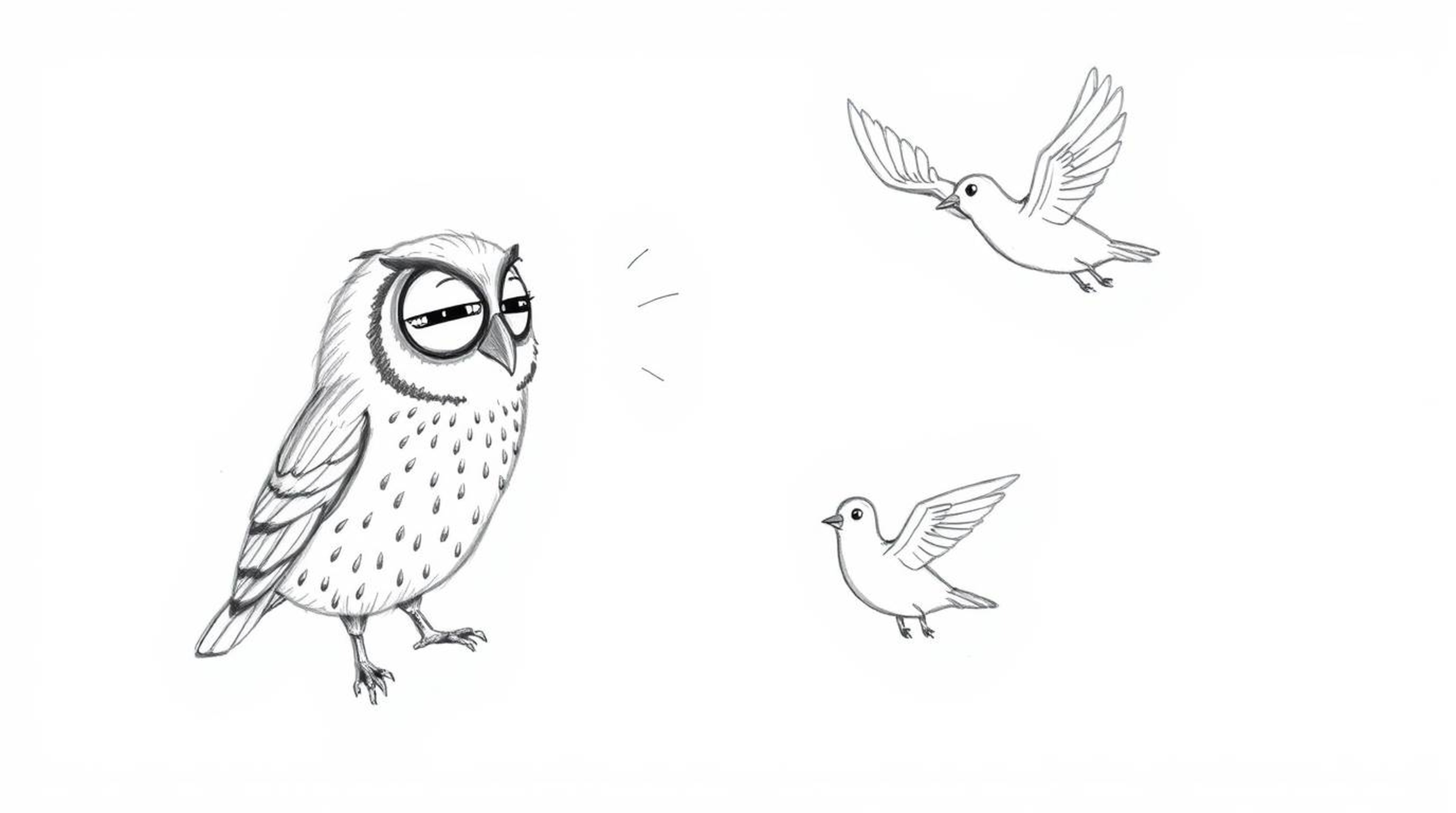 A hand-drawn sketch depicts a blind owl, rendered in the style of Pixar, passionately teaching birds the art of flight. The f