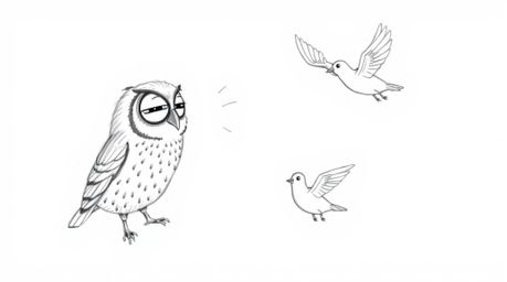 A hand-drawn sketch depicts a blind owl, rendered in the style of Pixar, passionately teaching birds the art of flight. The f
