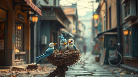 A captivating image in the style of candid street photography depicts two charming cartoon birds diligently constructing a ne