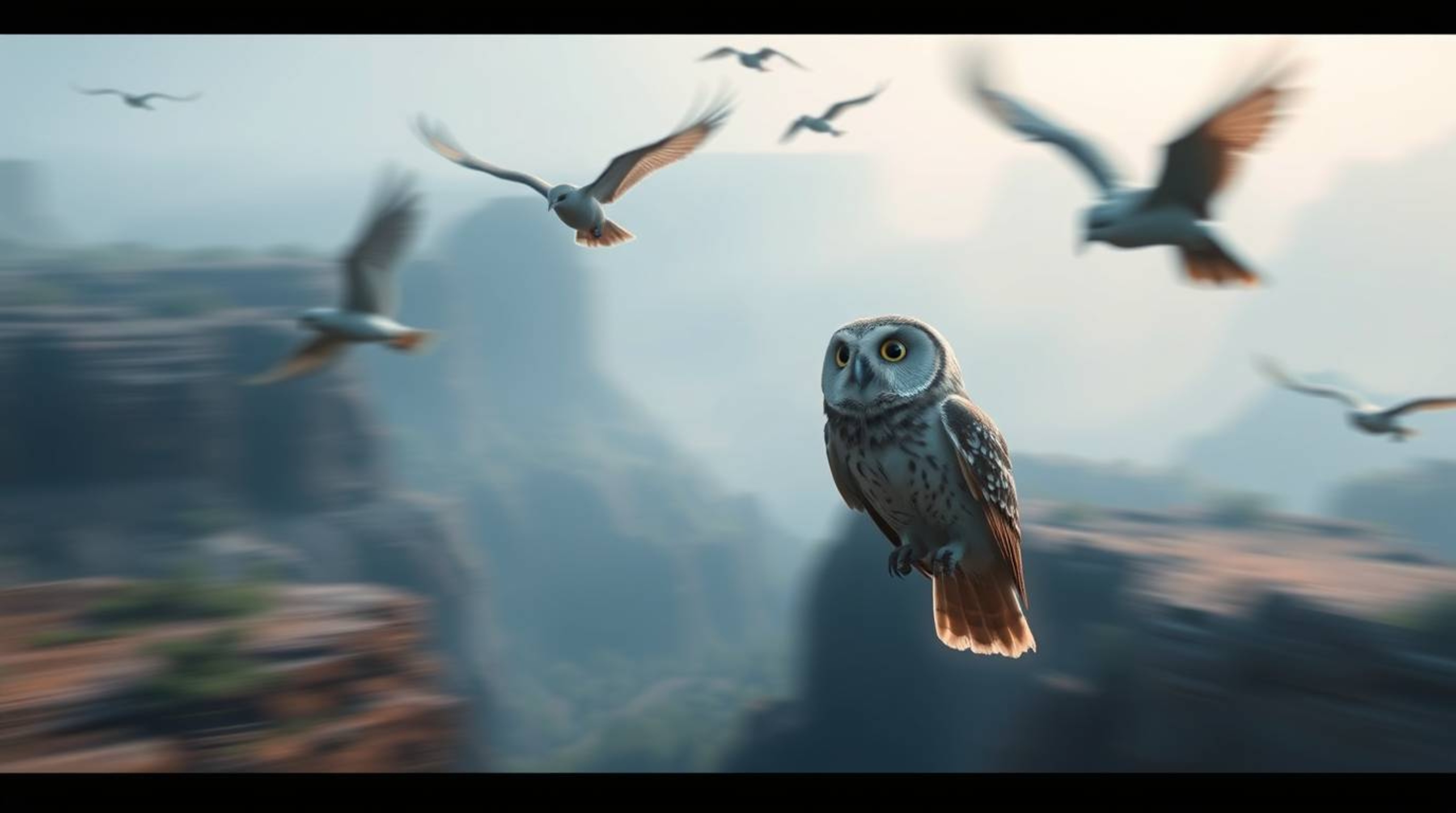 A captivating long-exposure photograph in a cinematic style depicts a blind owl, reminiscent of Pixar's animation, mentoring 