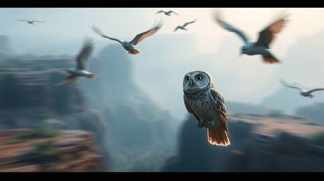 A captivating long-exposure photograph in a cinematic style depicts a blind owl, reminiscent of Pixar's animation, mentoring 