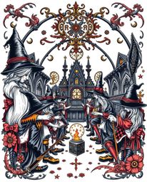 This art print blends the bold aesthetic of traditional tattoo art with the whimsical charm of a magical school filled with y